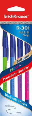 Набор шариковых ручек 4 шт. 4 цвета, ErichKrause "R-301" Neon Stick amp Grip, 0,7мм ЕК42023
