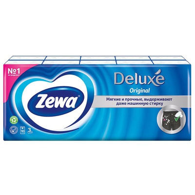 Платочки бумажные носовые Zewa "Deluxe", 3-х слойные белые 10шт. 19*21см, без аромата, 221587 