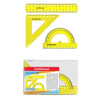 Набор геометрический малый пластиковый ErichKrause® Neon, (линейка, угольник, транспортир), желтый, в zip-пакете, ЕК49559