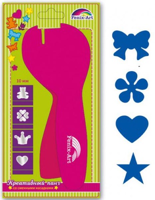 Панч-дырокол с 4-мя сменн. насадками БАНТИК/ЦВЕТОК/СЕРДЦЕ/ЗВЕЗДА/10мм (4 рисунка, размером 10мм, размер панча 165х66х29мм, розовый цвет, в блистере),  [37205]